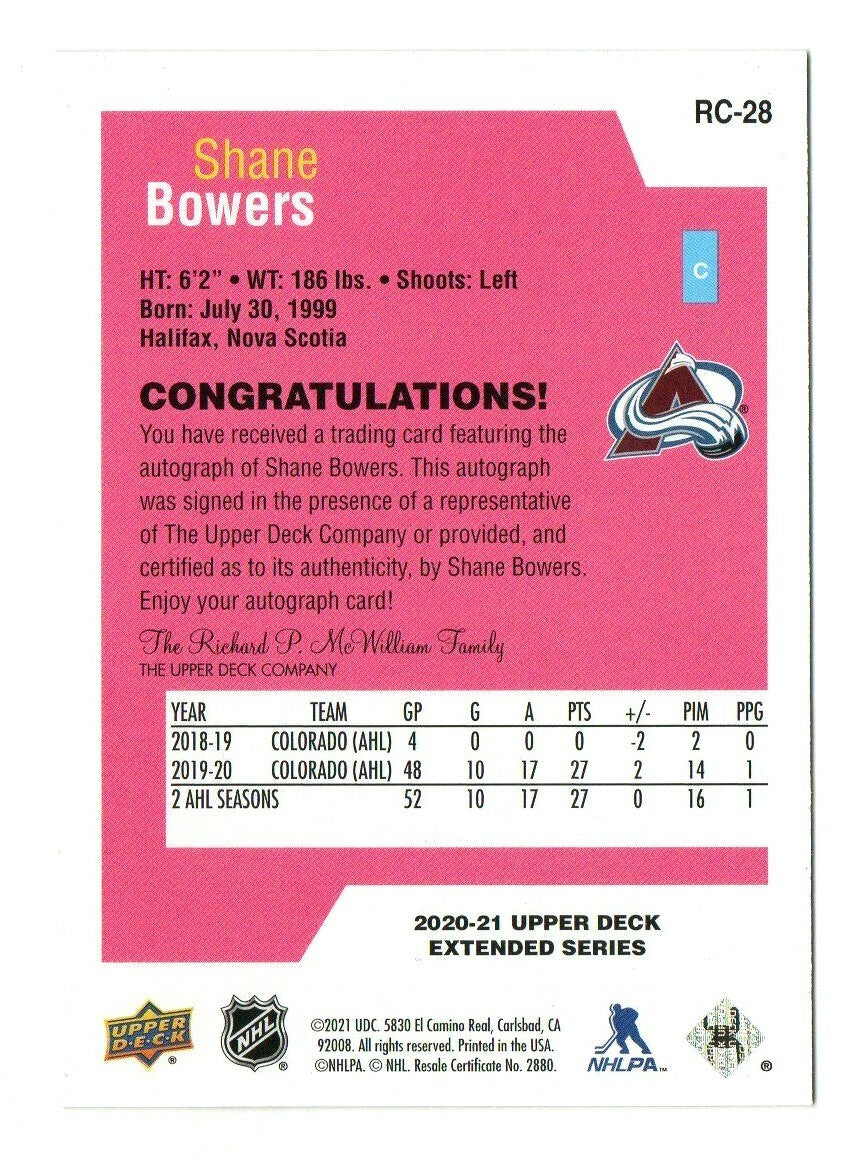 Upper Deck 2020-21 EXTENDED - Rookie Class Pink Auto -  Shane Bowers  #RC-28