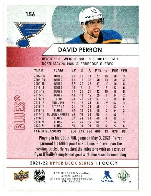 2021-22 Upper Deck Series 1 David Perron #156 UD Exclusives  SSP #010/100 Blues