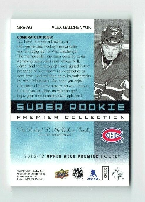 2018-19 UPPER DECK PREMIER COLLECTION  GALCHENYUK SUPER ROOKIE PATCH AUTO  25/25
