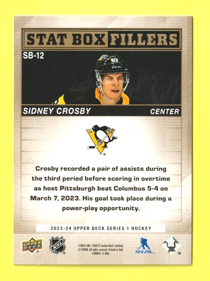 2023-24 Upper Deck Series 1 Stat Box Fillers   Gold   #SB-12   -   Sidney Crosby