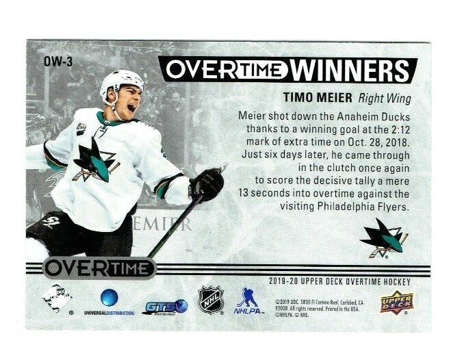 2019-20 UPPER DECK  OVERTIME WINNERS BLUE TIMO MEIER 8/10 San Jose Sharks