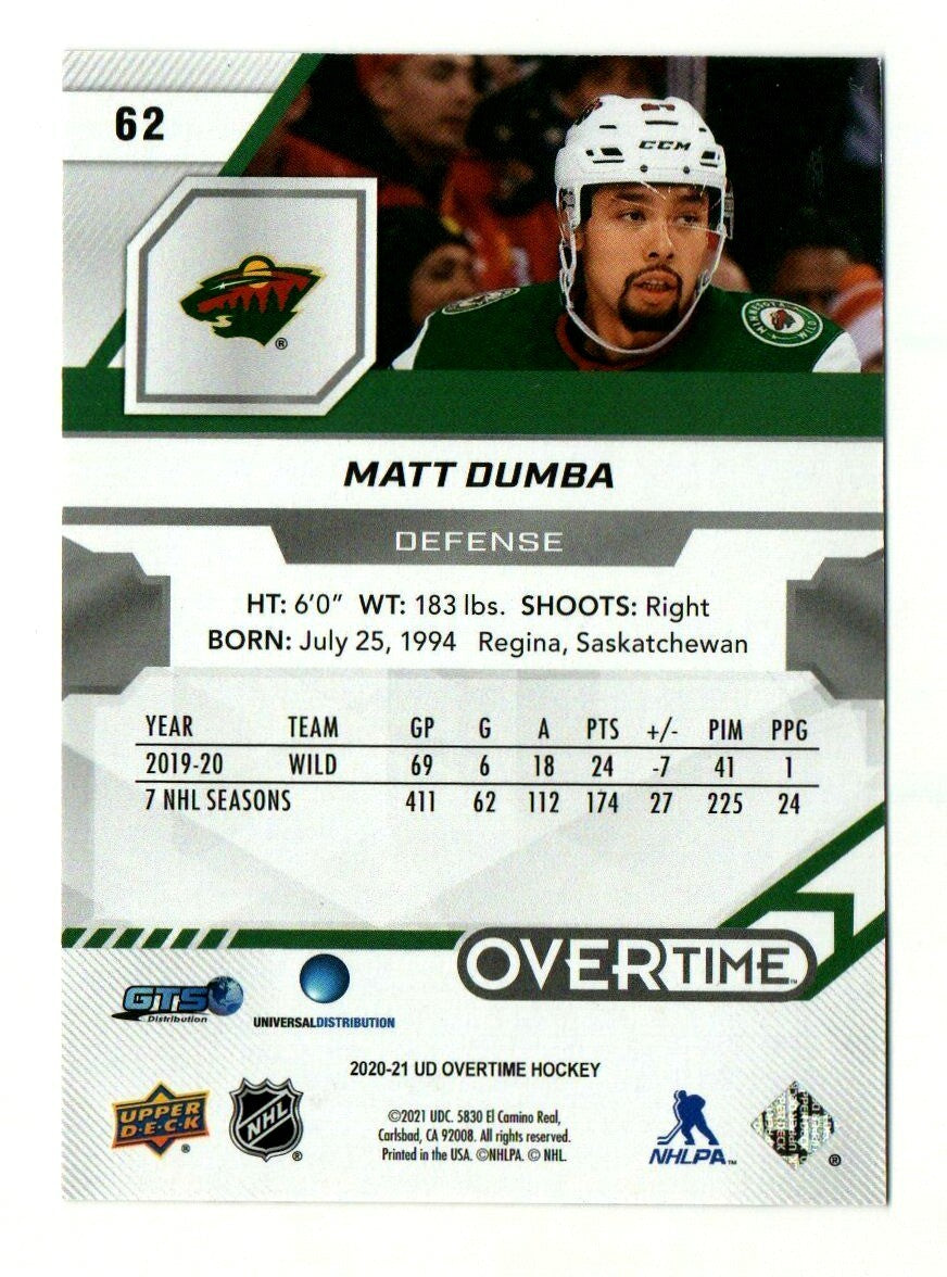 2020-21  UD OVERTIME WAVE 2 MATT DUMBA  #62 RED PARALLEL 98/99 Minnesota Wild