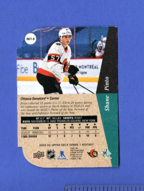 2021-22 Upper Deck Series 1 #RDT-8 SHANE PINTO Gold Diecut  R.C. Ottawa Senators