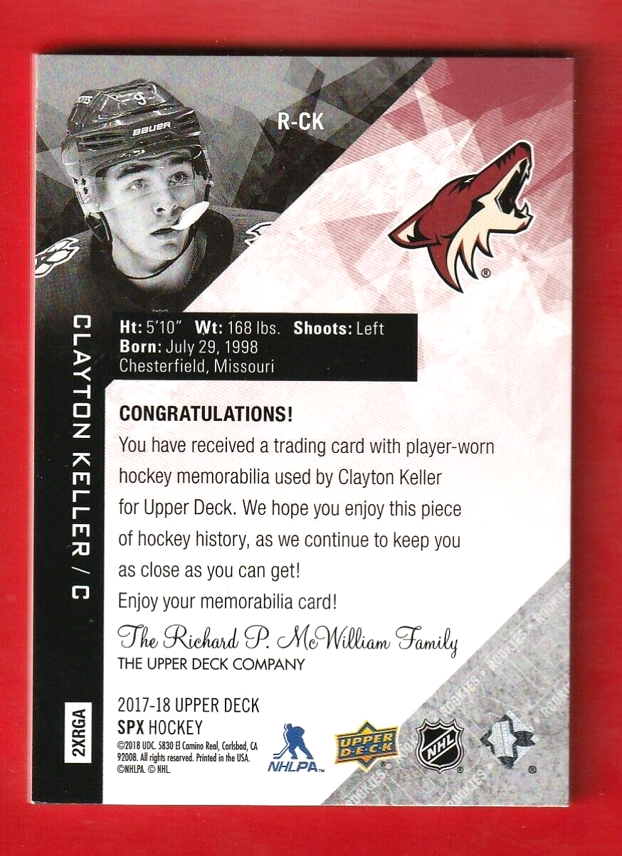 2017-18 Upper Deck SPX Rookie Jersey Clayton Keller Arizona Coyotes 213/299 R-CK