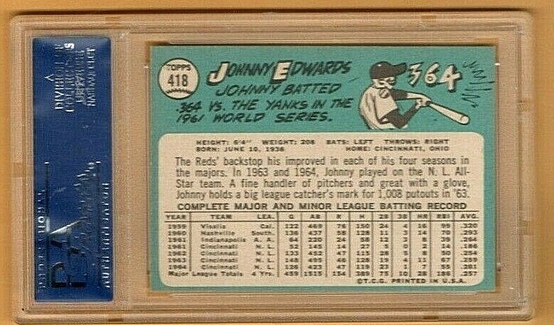 1965 Topps # 418 -- Johnny Edwards  - Cincinatti Reds -- PSA  EX-MT 6