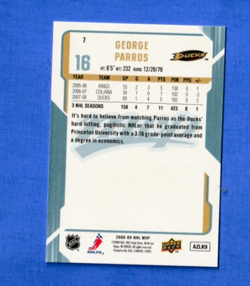 2008-09 Upper Deck MVP George Parros #7   -  Anaheim Ducks