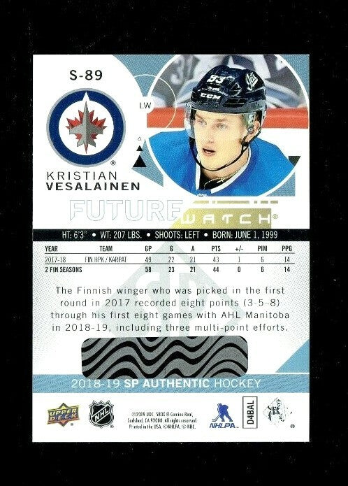 2018-19 SP AUTHENTIC FUTURE WATCH SPECTRUM UNSCRATCHED KRISTIAN VESALAINEN Jets