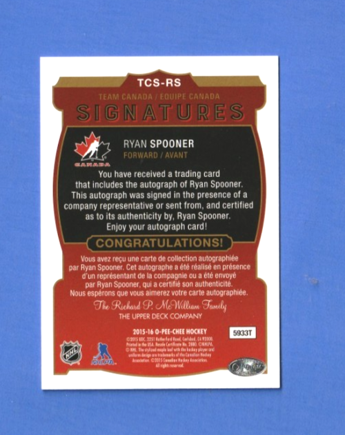 2015-16 O-Pee-Chee   - Team Canada Signatures  -  Ryan Spooner Auto  -   #TCS-RS
