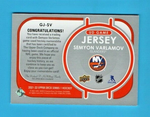 2021-22 Upper Deck UD Game Jersey  - Semyon  Varlamov   #GJ-SV -  Islanders Blue