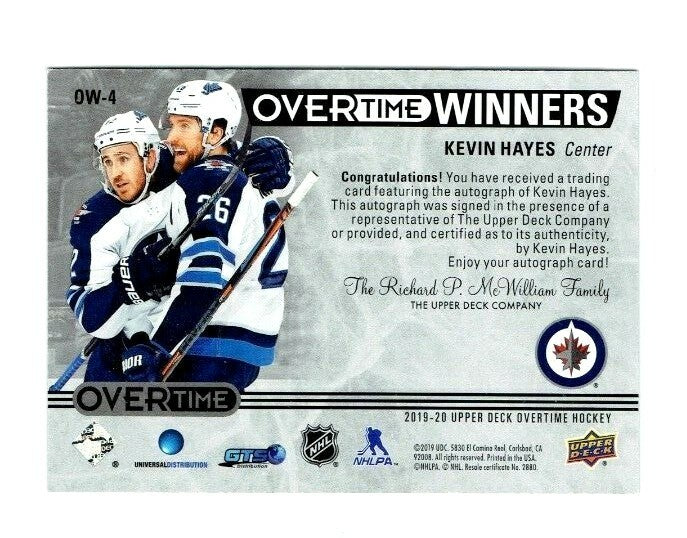 2019-20 UPPER DECK OVERTIME WINNERS Kevin Hayes AUTOGRAPH AUTO OW-4 #ed 1/3