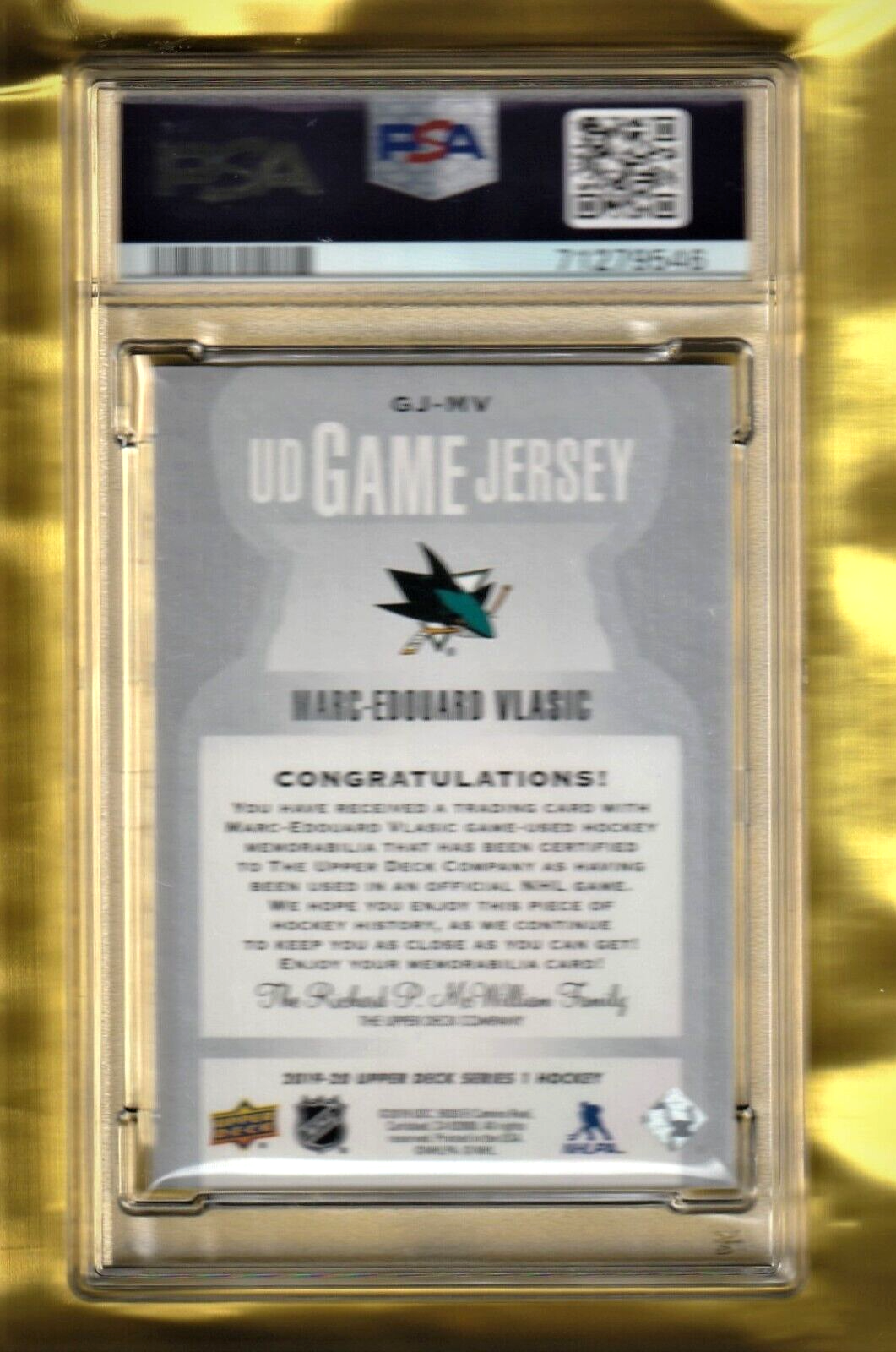2019 Upper Deck Game Jersey  -  Marc-Edouard Vlasic   PATCH #GJ-MV    PSA 9 MINT