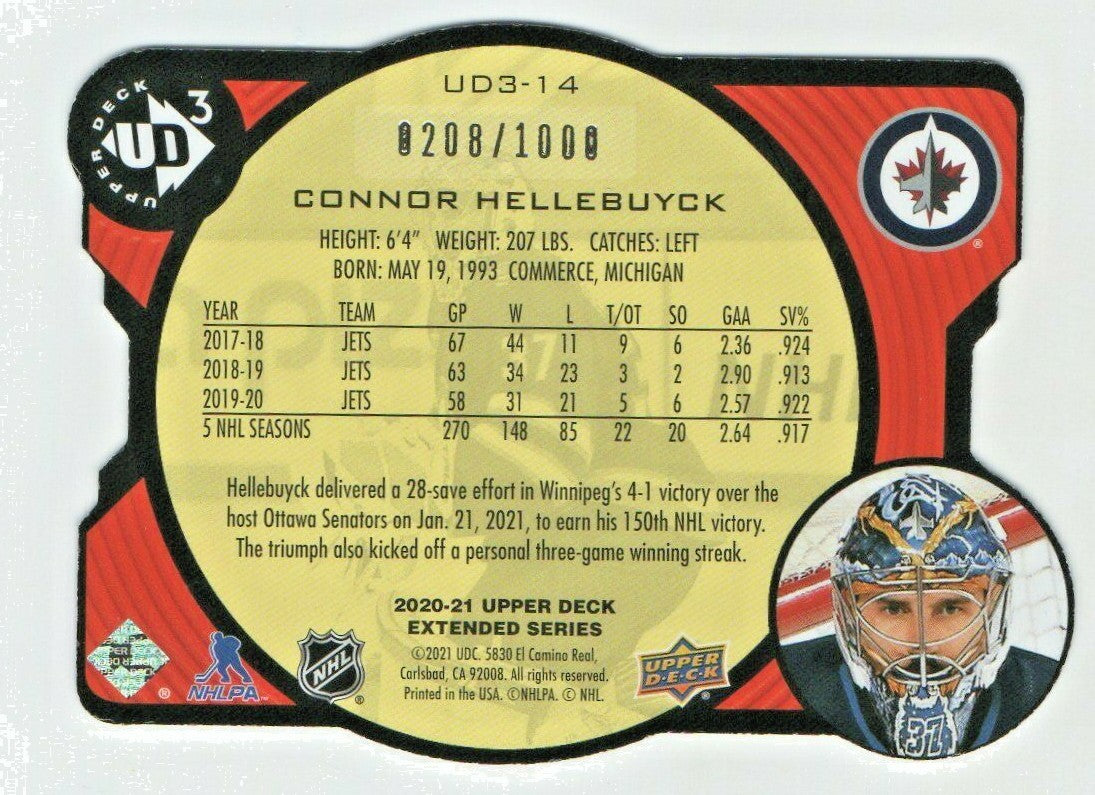 2020-21 UPPER DECK EXTENDED SERIES 3 CONNOR HELLEBUYCK DIE CUT 0208/1000 #UD3-14
