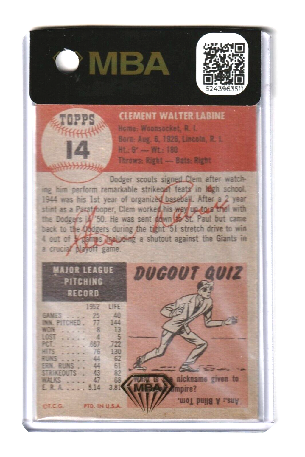 1953 Topps   -   Clem Labine #14  -  MBA AUTHENTIC    -   Brooklyn Dodgers