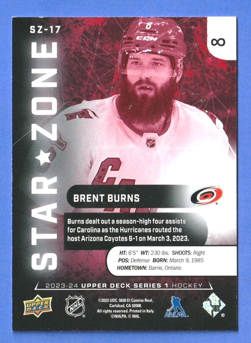 2023-24 Upper Deck Series 1 Brent Burns Star Zone Red #SZ-17