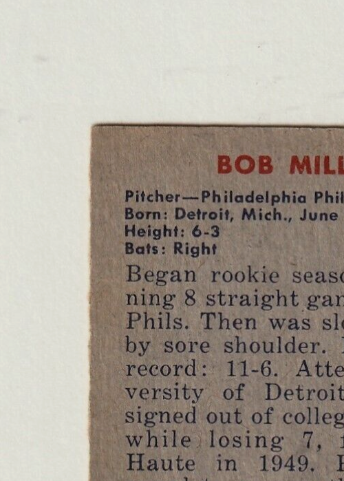 1951 Bowman  #220  -   BOB MILLER  -  Philadelphia Phillies   -  EX