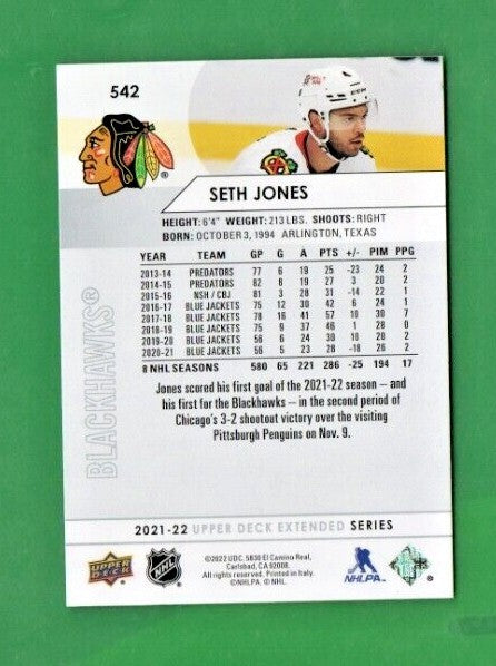 2021-22 UD Extended Series Seth Jones Photo Variations #542 - Chicago Blackhawks