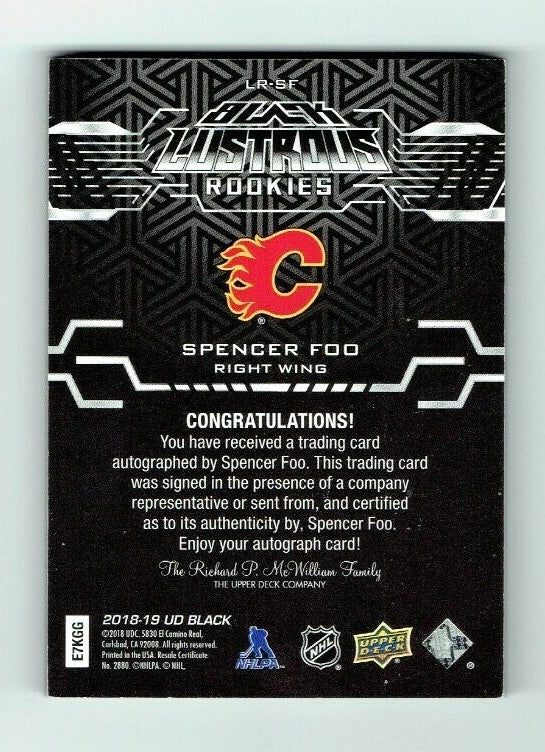 2018-19 UD BLACK LUSTROUS ROOKIES AUTO  --  SPENCER FOO  --  CALGARY FLAMES 