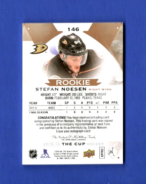 2015-16 The Cup Level 1 Gold Spectrum Foil  08/36   Stefan Noesen  #146  Auto RC
