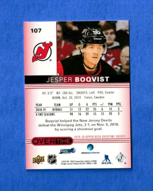 Jesper Boqvist 2019-20 Upper Deck Overtime RED Rookie Card #107  27/99  - Devls