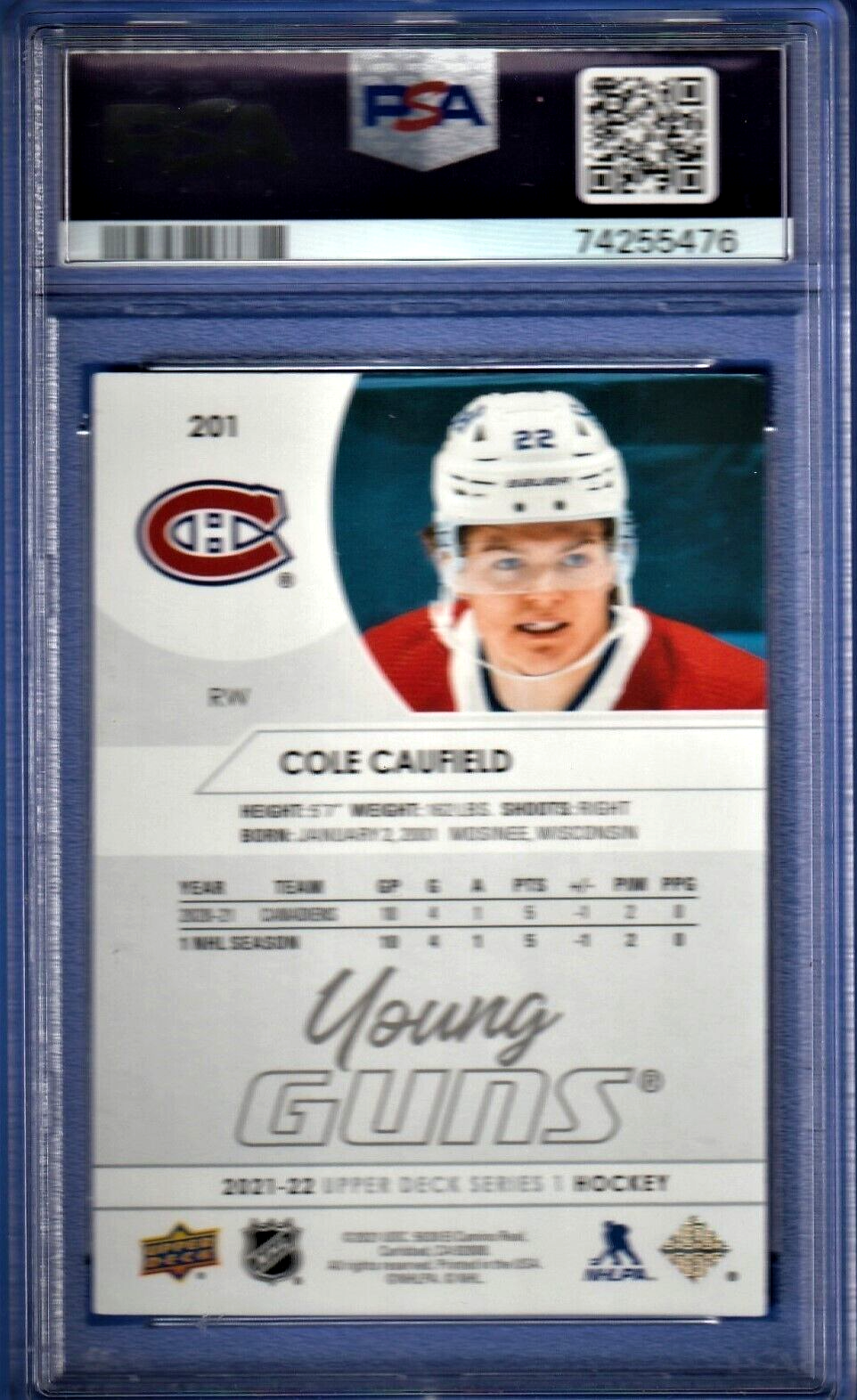 2021 Upper Deck Young Guns - Cole Caufield   -  Montreal  ROOKIE #201 PSA 9 MINT