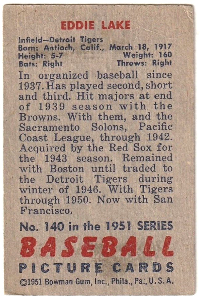 1951 Bowman  -  Eddy Lake   -  Detroit Tigers #140   G-VG.