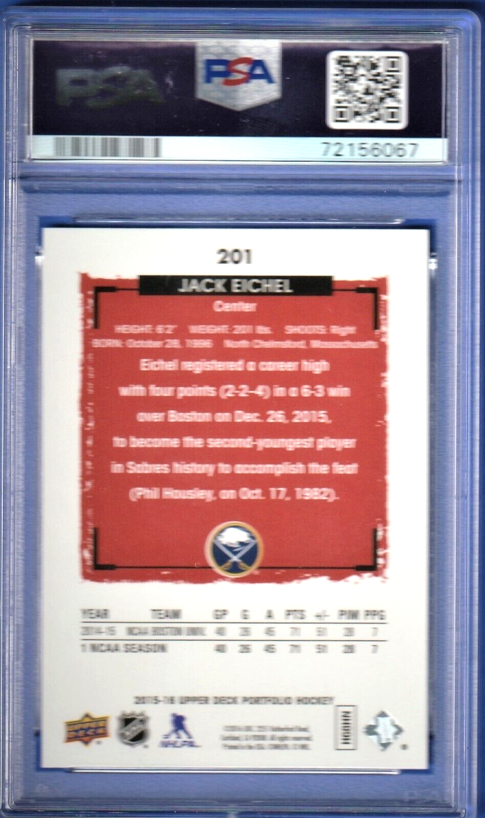 2015 Upper Deck  Portfolio  -  Jack Eichel  -  ROOKIE #201   PSA 7 NRMT