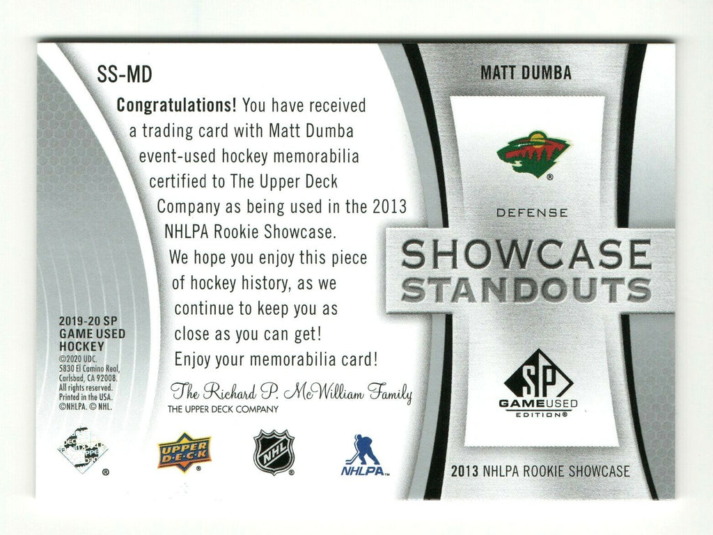 2019-20 SP GAME USED SHOWCASE STANDOUTS JERSEY MATT DUMBA WILD 