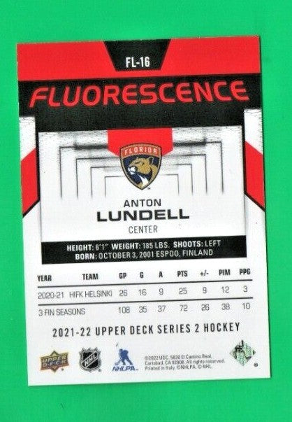 2021-22 UD Series 2 Hockey Anton Lundell  Fluorescence   RED    FL-16  Panthers