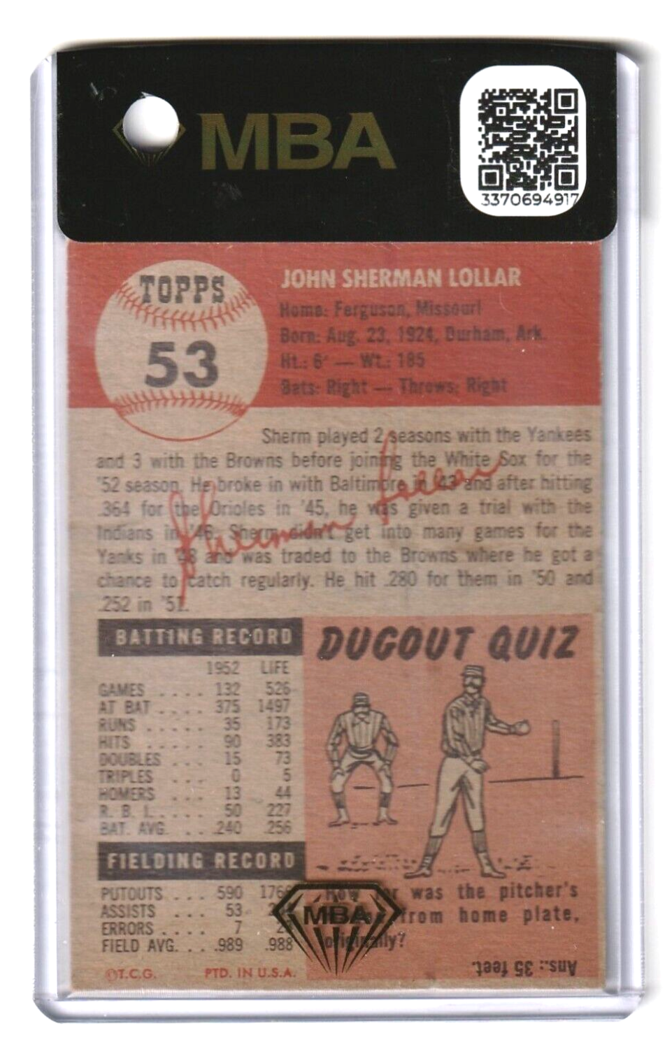 1953 Topps   -  Sherman Lollar  #53  -   MBA AUTHENTIC    -    Chicago White Sox
