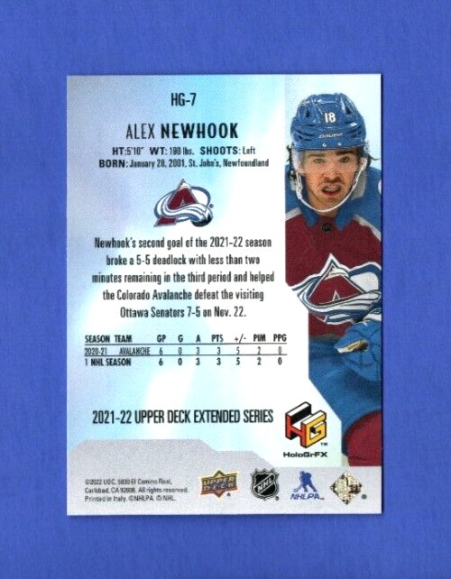 2021-22 Upper Deck Extended  HoloGrFX Rookies GOLD  -  Alex Newhook  -  Colorado