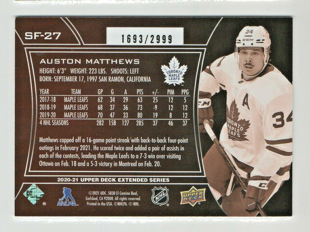 Upper Deck Extended 2020-21 - Auston Matthews SPX Finite card #'d 1693/2999!