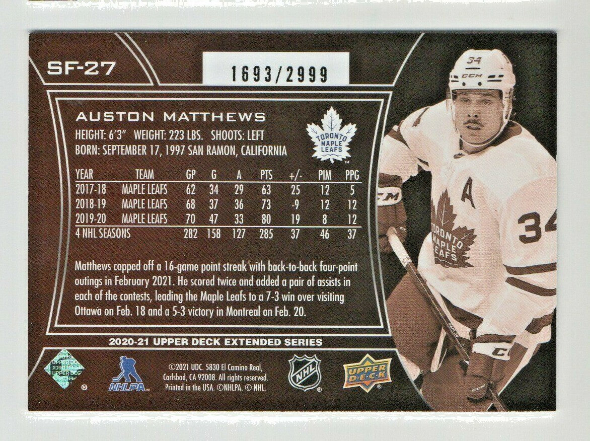 Upper Deck Extended 2020-21 - Auston Matthews SPX Finite card #'d 1693/2999!