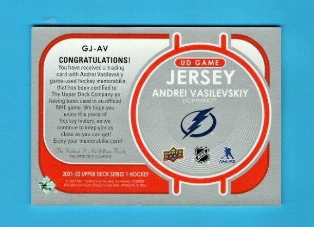2021-22 Upper Deck Series 1  Andrei Vasilevskiy  UD Game Jersey   #GJ-AV - White