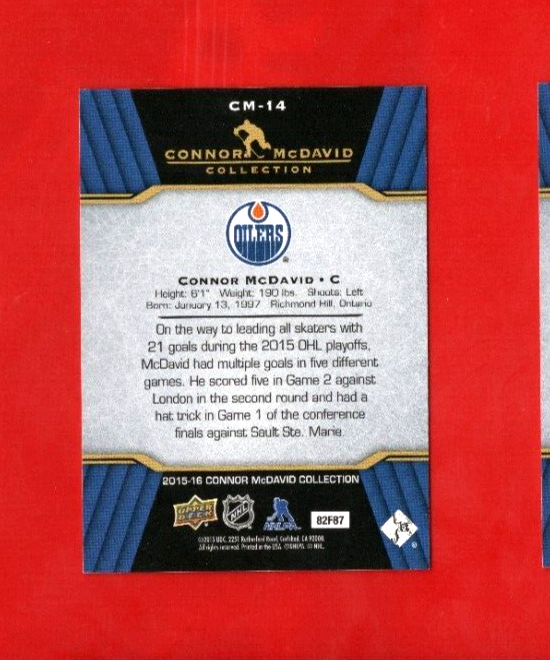 2015-16 CONNOR MCDAVID Rc Collection Card# CM-14 Edmonton Oilers Rookie