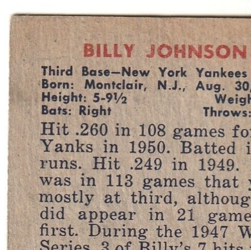 1951 Bowman  -  Billy Johnson   -  New York Yankees  #74   VG-VG+