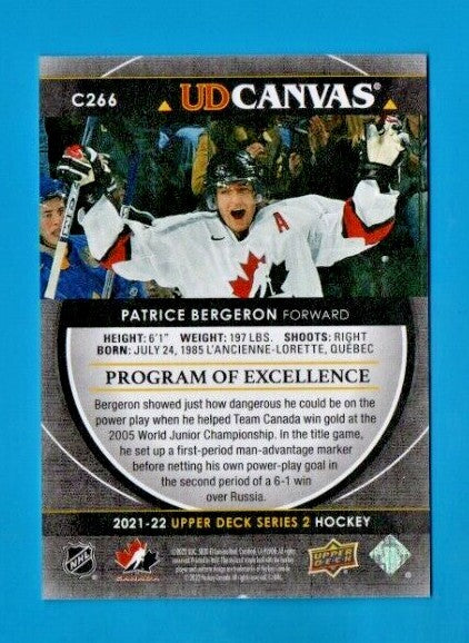 Patrice Bergeron 2021-22 Upper Deck 2 Program of Excellence BLACK Canvas SP#C266