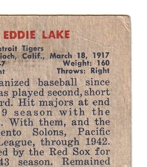 1951 Bowman  -  Eddy Lake   -  Detroit Tigers #140   G-VG.