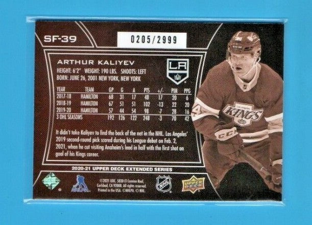 2020-21 Upper Deck SPx Finite #SF-39 Arthur Kaliyev  0205/2999 Los Angeles Kings