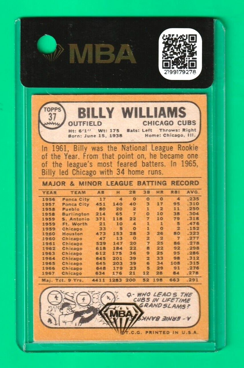 1968 Topps    -   Billy Williams   #37  -    Chicago Cubs     -    MBA AUTHENTIC