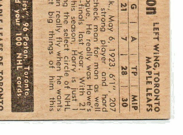 1954-55 PARKHURST HARRY WATSON #17 TORONTO MAPLE LEAFS BIO BACK 