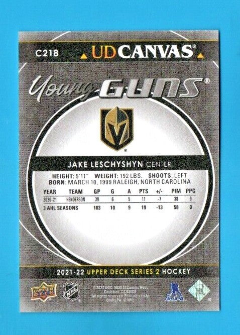 Jake Leschyshyn 2021-22 Upper Deck 2 Young Guns Canvas Black SP RC #C218 Vegas