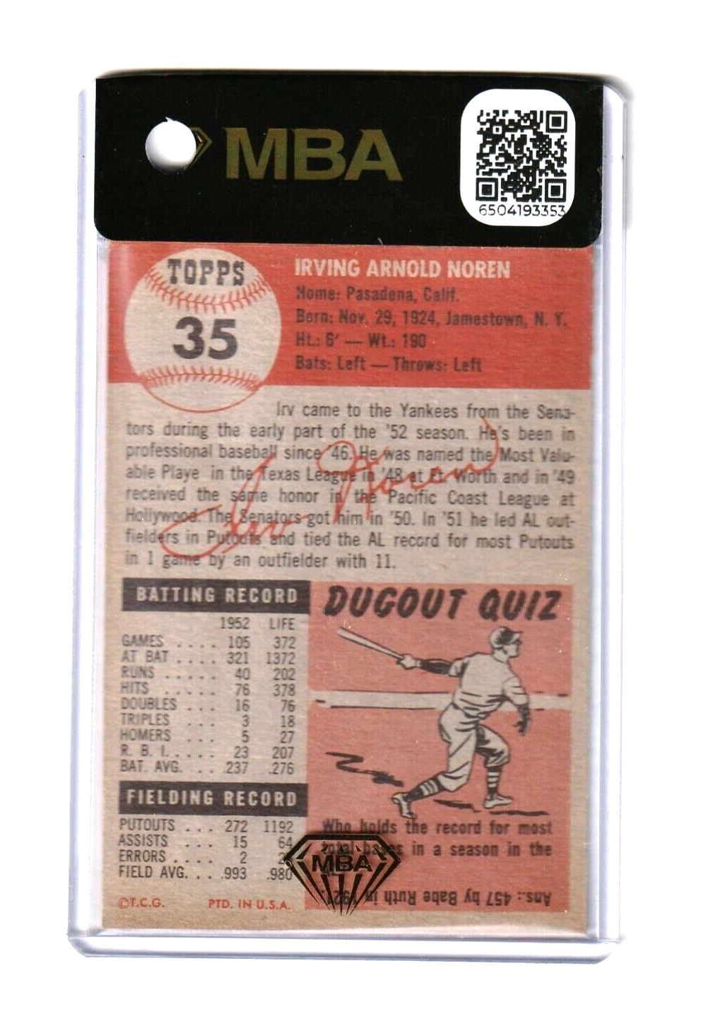 1953 Topps  -   Irv Noren  #35   -   MBA AUTHENTIC   -  New York Yankees