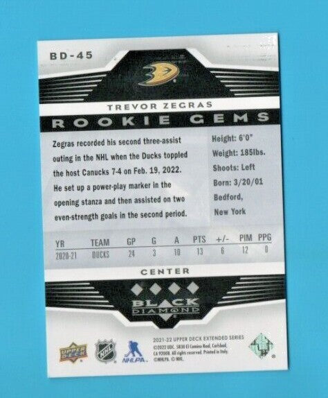 2021-22 Upper Deck Black Diamond Trevor Zegras BD-45 Rookie Gems Quad Diamond