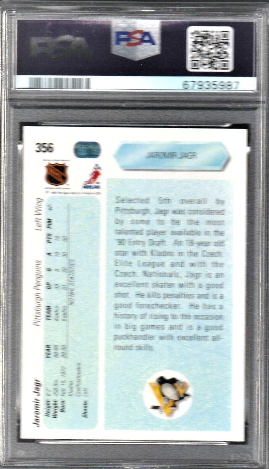 1990 Upper Deck Hockey Jaromir Jagr ROOKIE #356 PSA 7 NRMT - Pittsburgh Penguins