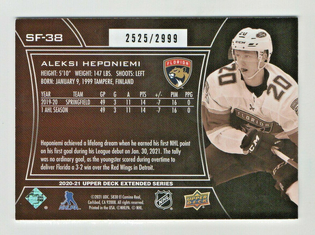 ALEKSI HEPONIEMI 2020-21 UPPER DECK EXTENDED SPX FINITE  2525/2999 ROOKIE SF-38