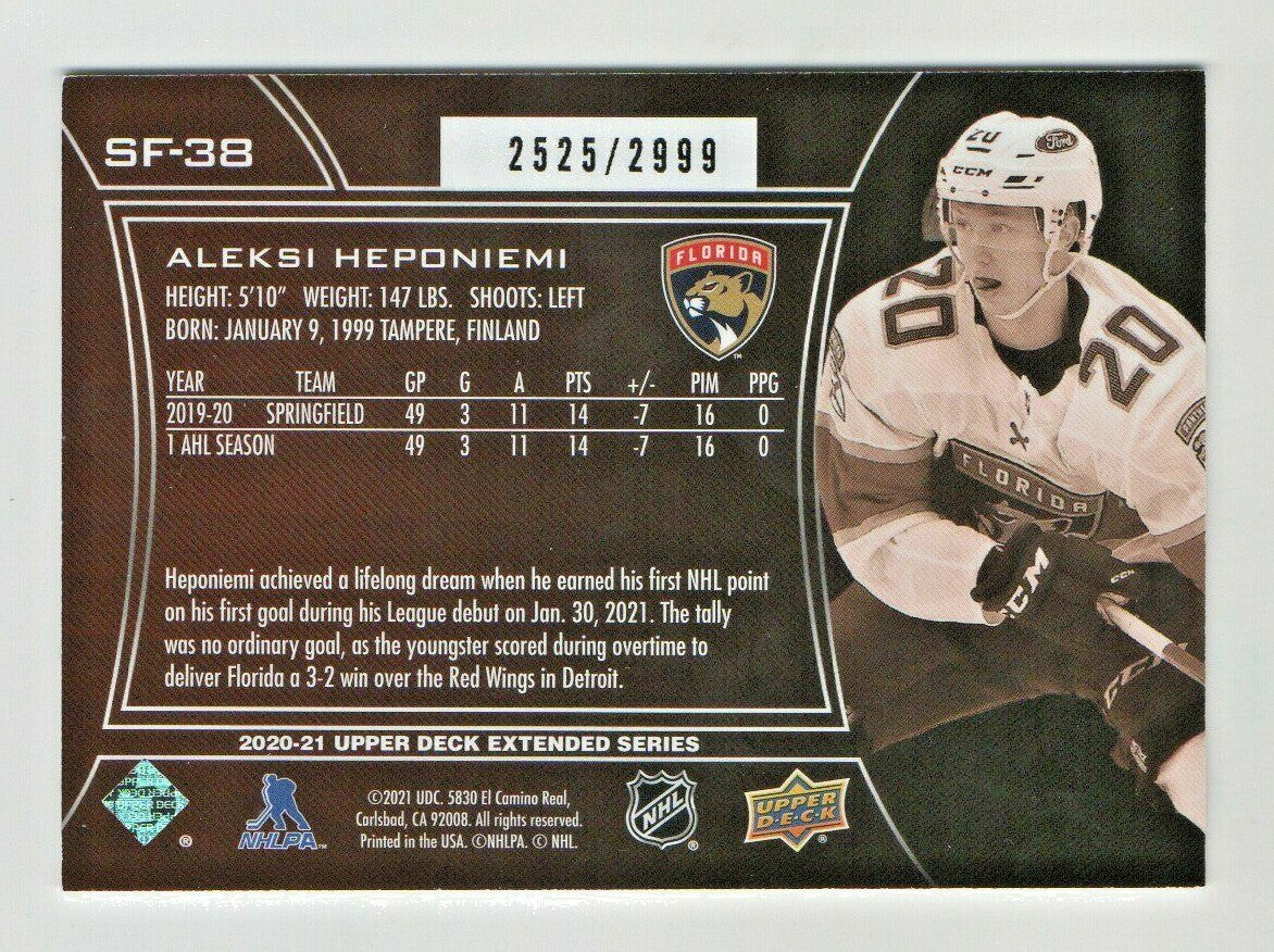 ALEKSI HEPONIEMI 2020-21 UPPER DECK EXTENDED SPX FINITE  2525/2999 ROOKIE SF-38