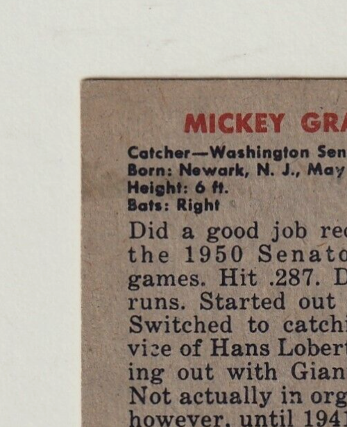 1951 Bowman #205:  -  MICKEY GRASSO   -   "Washington Senators"  NRMT-MT