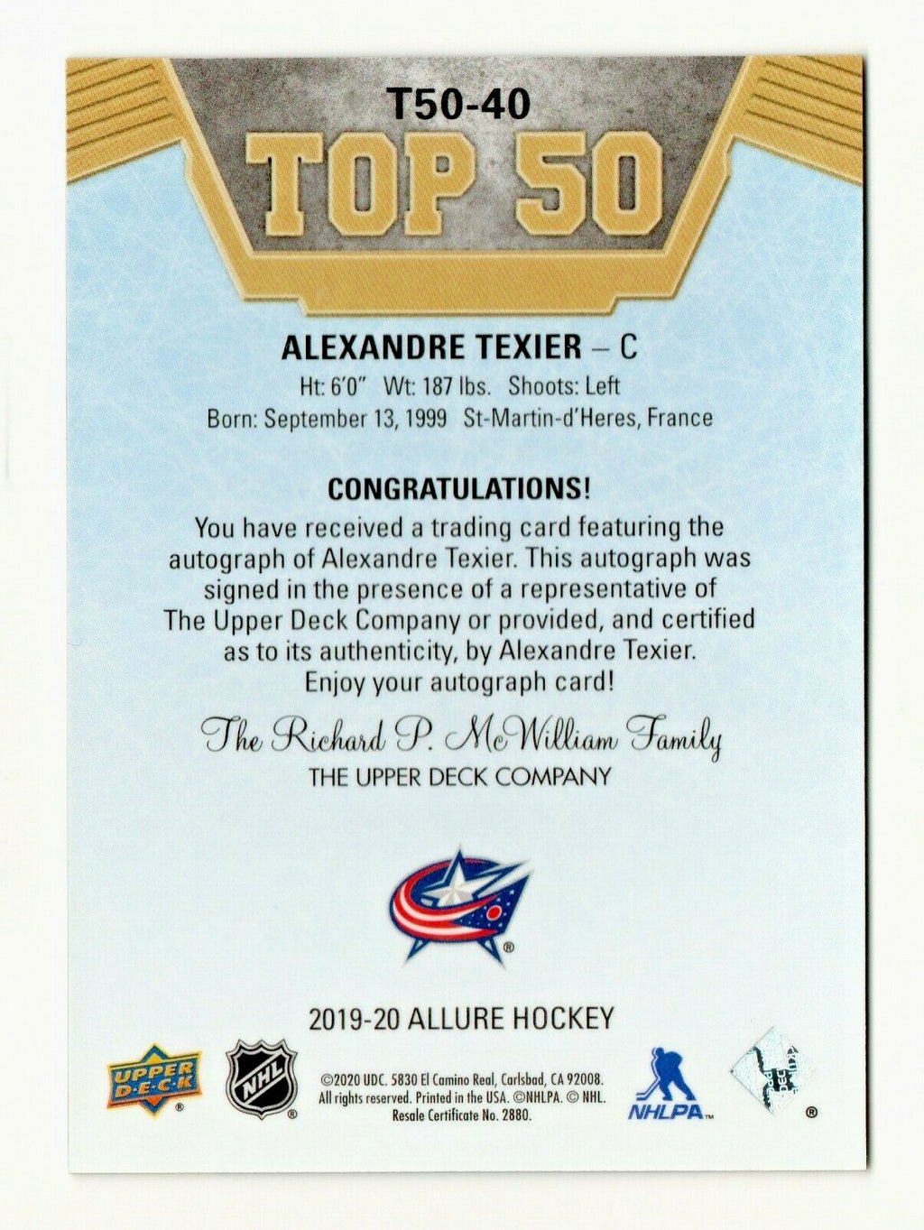 2019-20 Upper Deck Allure Top 50 #T50-40 Auto Alexandre Texier - Columbus