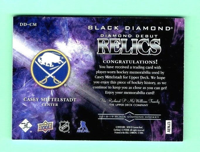 2018-19 Black Diamond Casey Mittelstadt Diamond Debut Relics 204/299 Sabres