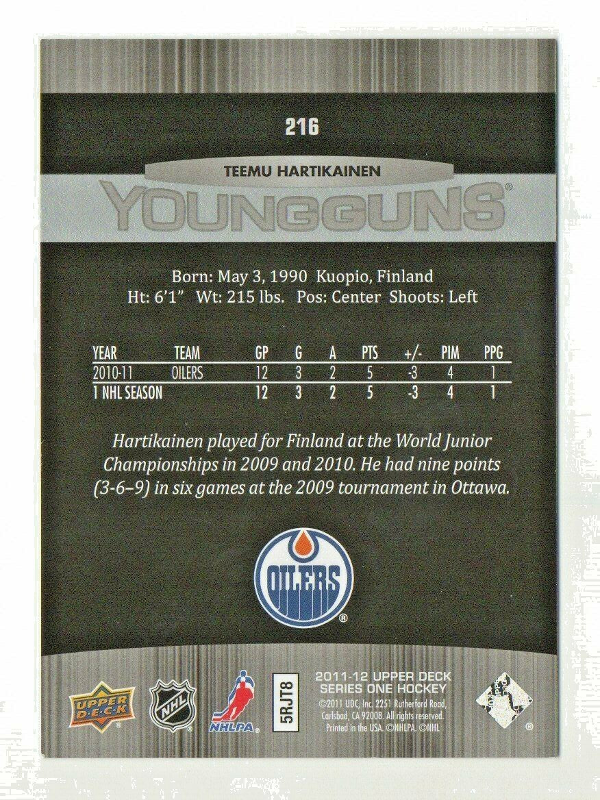 2011-12 Upper Deck Teemu Hartikainen #2Young Guns YG Rookie #216 Edmonton Oilers